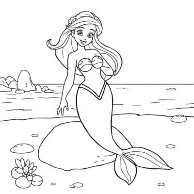 Coloring Book: Ariel the Mermaid on the Beach