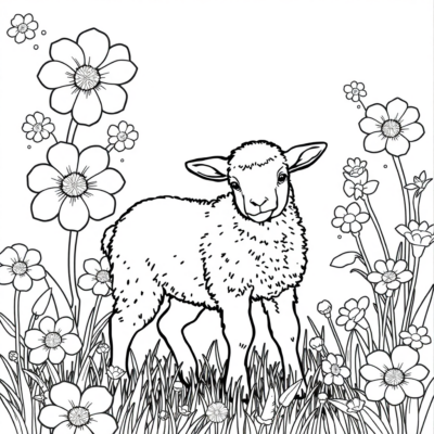 Coloring Book: Lamb Against a Background of Flowers