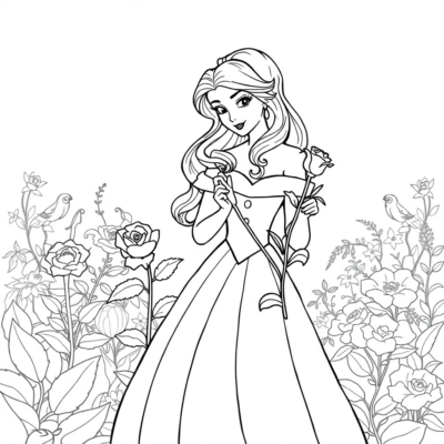 Coloring Book: Bella with a Rose in the Enchanted Garden