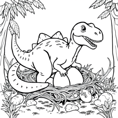 Coloring Book: Dinosaur – Dinosaur with Eggs in Nest
