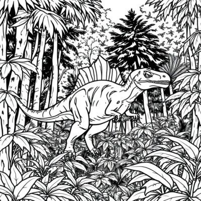 Coloring Book: Dinosaur – Compsognathus in a Dense Forest