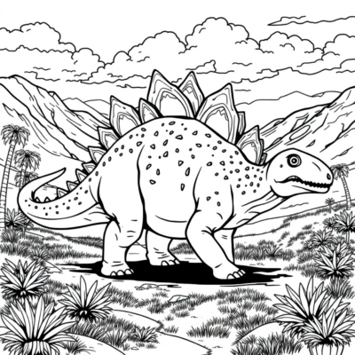 Coloring Book: Dinosaur – Stegosaurus Wandering Through the Valley