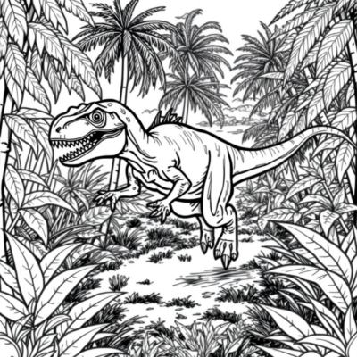Coloring Book: Dinosaur – Velociraptor Running Through the Jungle