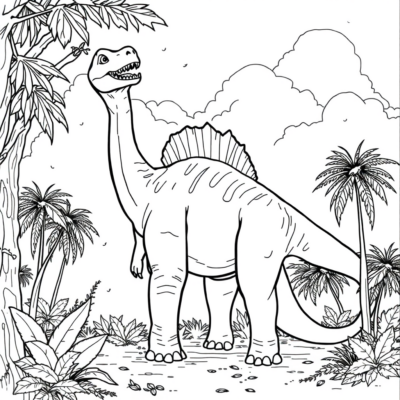 Coloring Book: Dinosaurs – Brachiosaurus Eating Leaves from Trees
