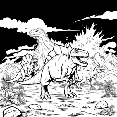 Coloring Book: Dinosaurs – Dinosaurs Fleeing from a Volcano Eruption