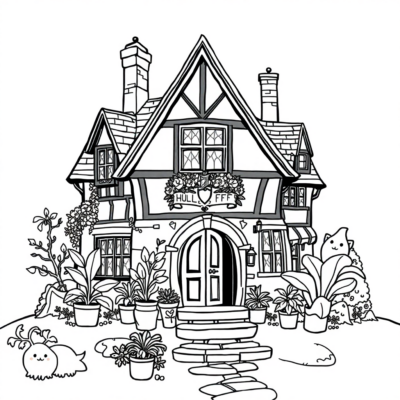 Coloring Book: Hufflepuff House with Plants