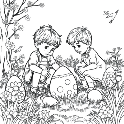 Coloring Book: Children Searching for Easter Eggs