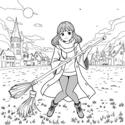 Coloring Book: Ginny with a Broomstick on the Quidditch Pitch