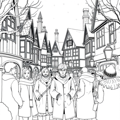 Coloring Book: Hogsmeade in Winter with Students