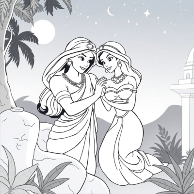 Coloring Book: Jasmine and Aladdin at Night