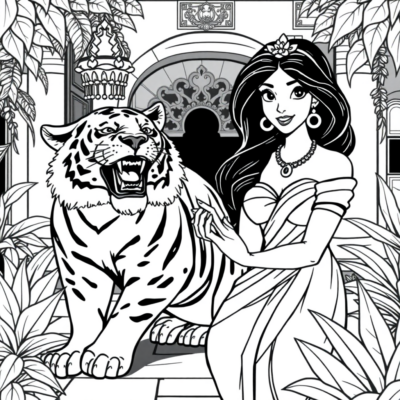 Coloring Book: Jasmine with Tiger Rajah in the Courtyard