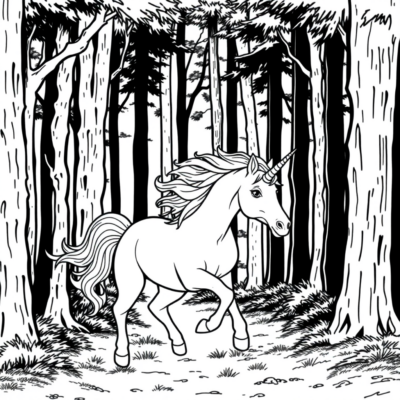 Coloring Book: Unicorns – Unicorn Running Through the Forest