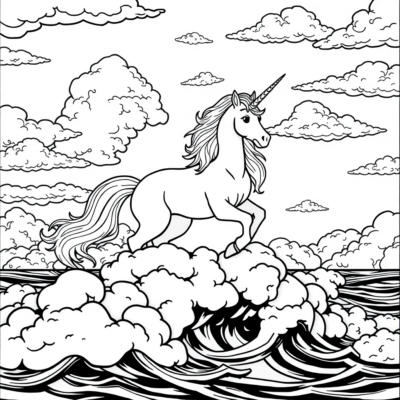 Coloring Book: Unicorns – Unicorn in the Clouds over the Sea