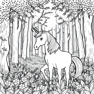 Coloring Book: Unicorns – Unicorn in a Flower-Filled Forest