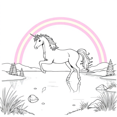 Coloring Book: Unicorns – Unicorn in the Rainbow over the Lake