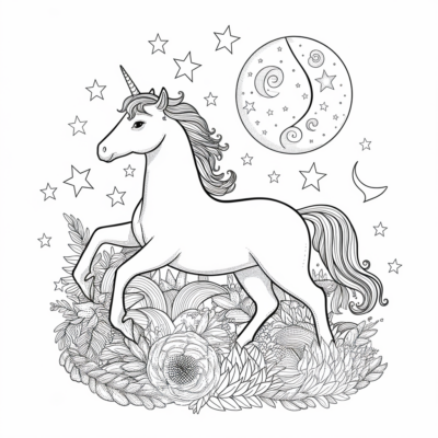 Coloring Book: Unicorns – Unicorn Among Stars and Moon