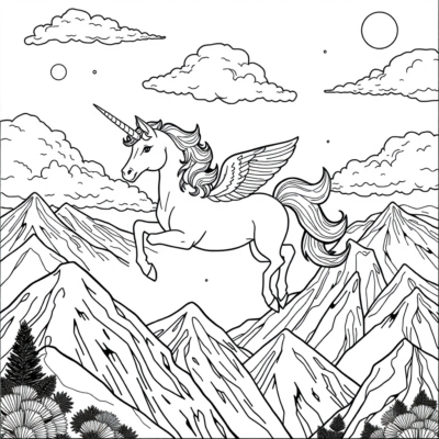 Coloring Book: Unicorns – Flying Unicorns over the Mountains