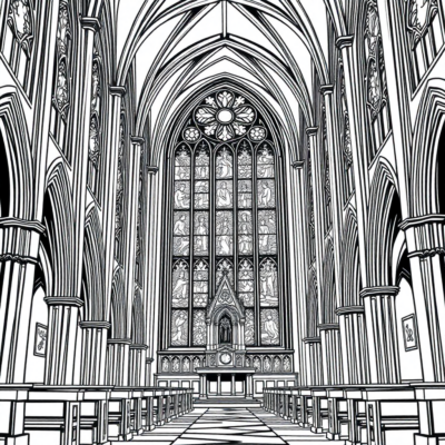 Coloring Book: Church – Interior of a Gothic Church with Stained Glass