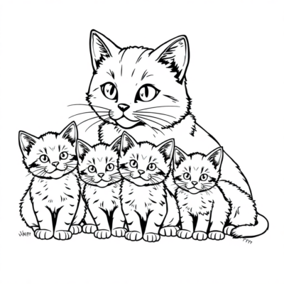 Coloring Book: Kittens – Cat Mom with Three Kittens