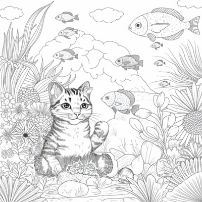 Coloring Book: Kittens – The Kitten Watches the Fish in the Aquarium