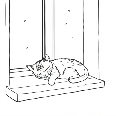 Coloring Book: Kittens – Kitten Falls Asleep on the Windowsill