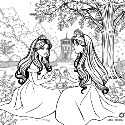 Coloring Book: Princesses at a Picnic in the Palace Garden