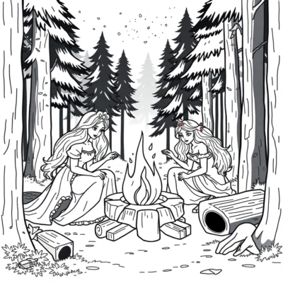 Coloring Book: Princesses by the Campfire in the Forest