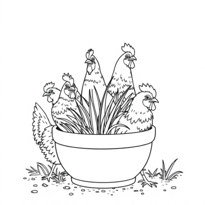Coloring Book: Chickens in a Pot with Cress
