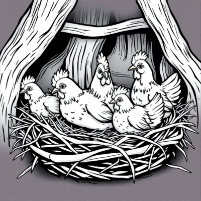 Coloring Book: Chickens in a Nest with Hay