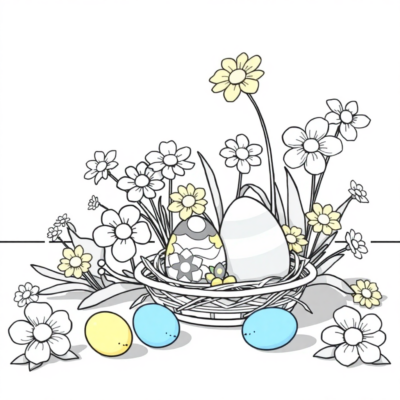 Coloring Book: Flowers and Easter Eggs on the Table