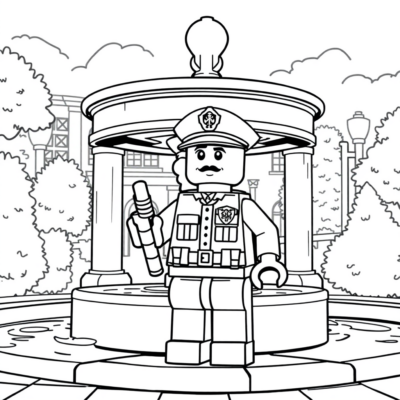 Coloring Page: LEGO City Guard by the Fountain