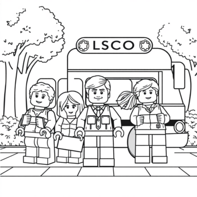 Coloring Book: LEGO School with Students and a Bus