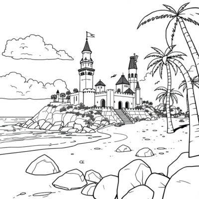 Coloring Book: Lego Worlds – Beautiful Beach with Castle