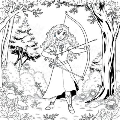 Coloring Book: Merida with a Bow in the Forest