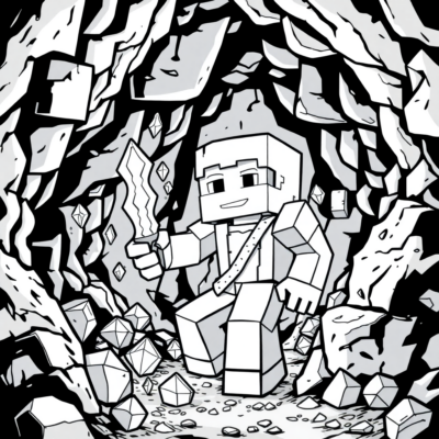 Coloring Book: Minecraft – Alex mines diamonds in a cave