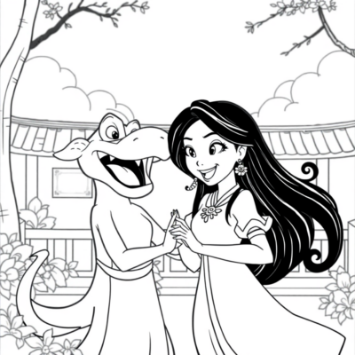 Coloring Book: Mulan and Mushu in a Humorous Scene