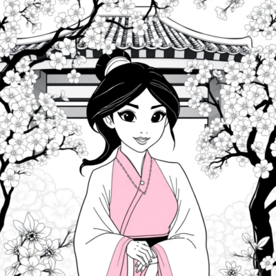 Coloring Book: Mulan in the Cherry Blossom Garden