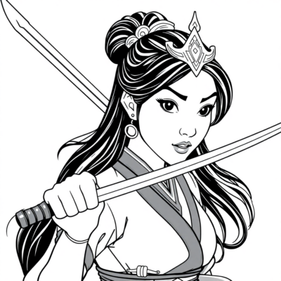 Coloring Book: Mulan in Warrior Outfit with Sword