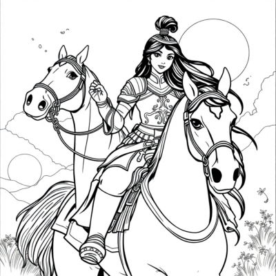 Coloring Book: Mulan in Armor on a Horse