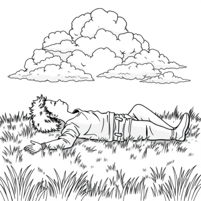 Cloud Gaze: Kids Relaxing on Grass Coloring Book