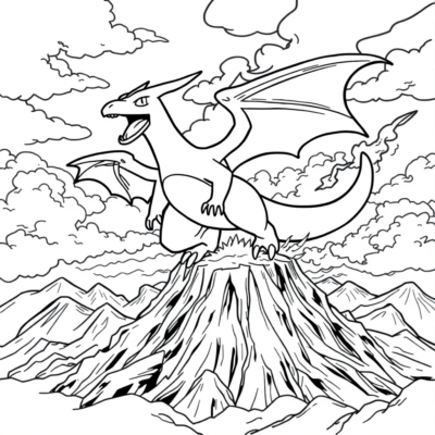Coloring Book: POKEMONS – Charizard Flying Over a Volcano