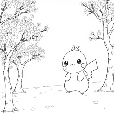 Coloring Book: POKEMONS – Chikorita Among Blooming Trees