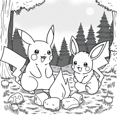 Coloring Book: POKEMONS – Pikachu and Eevee by the Campfire