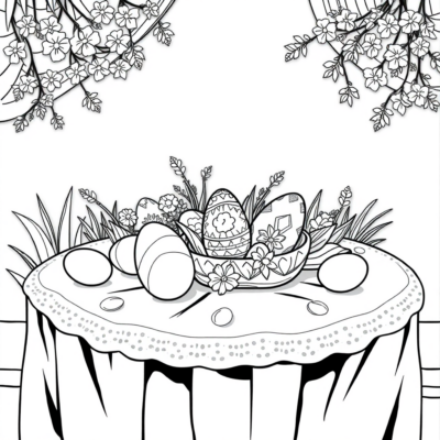 Coloring Book: Easter Eggs on the Table with a Tablecloth