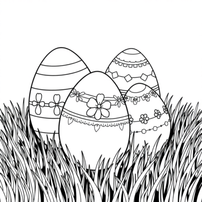Coloring Book: Easter Eggs on Green Grass