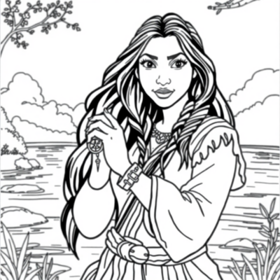 Coloring Book: Pocahontas with Compass by the River