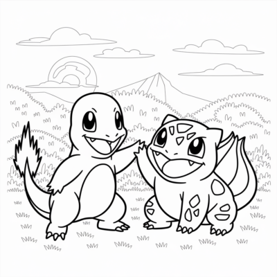 Coloring Book: Pokémon – Charmander and Bulbasaur Playing Together