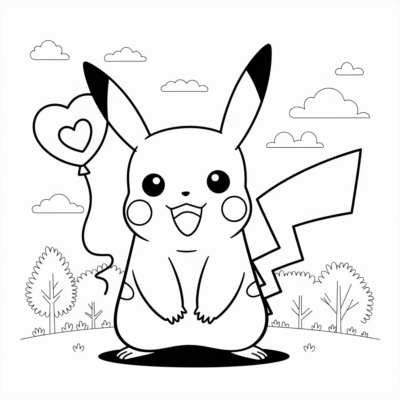 Coloring Page: Pokémon – Pikachu with Heart-Shaped Balloon