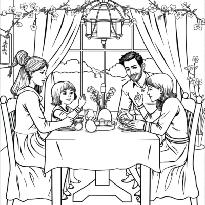 Coloring Book: Family Decorating the Easter Table