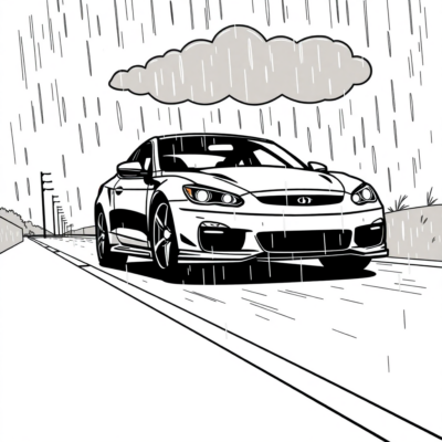 Coloring Book: Car – Car in the Rain on an Empty Road